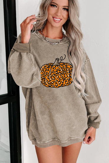 Khaki leopard pumpkin graphic corded sweatshirt for Halloween fun