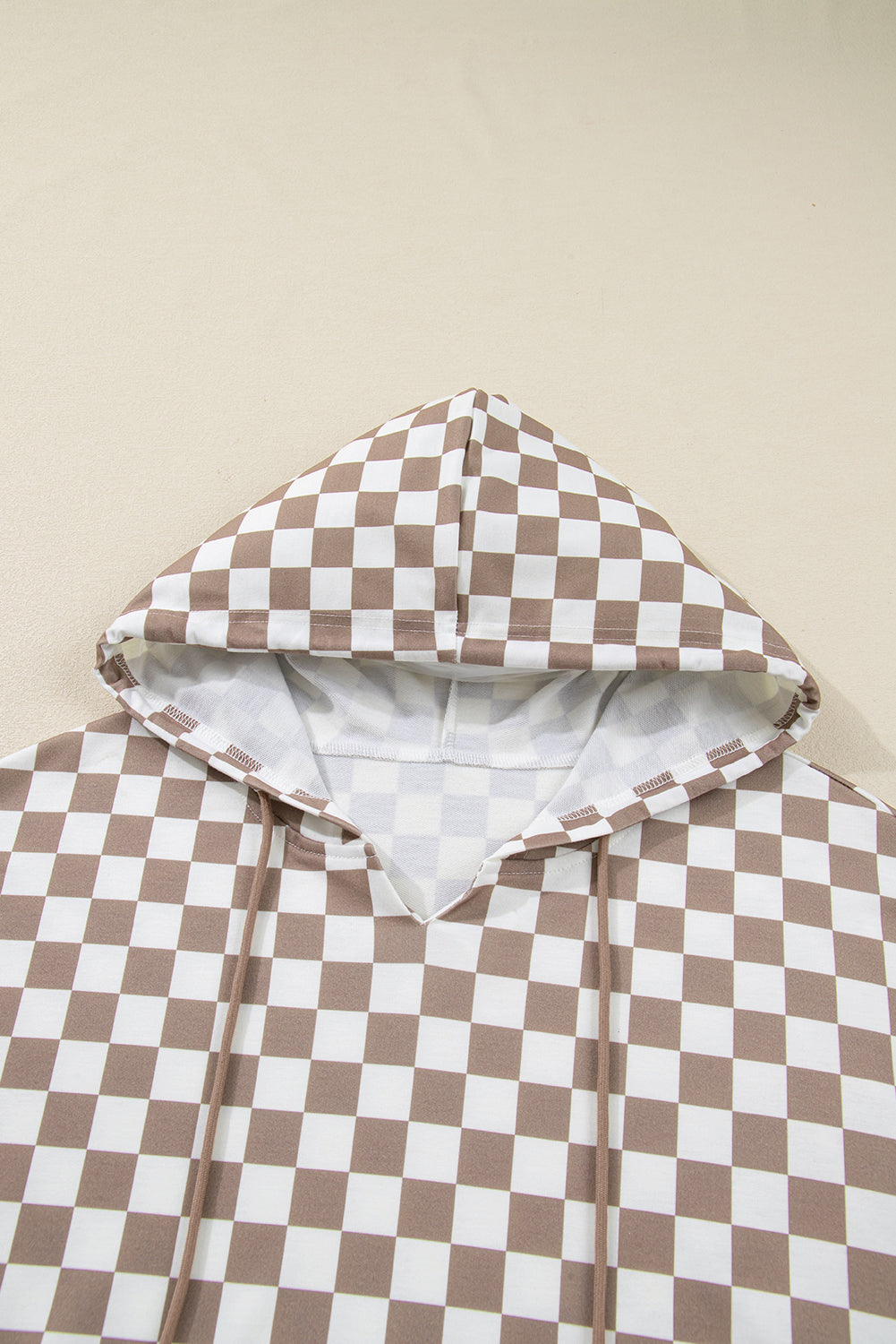 Khaki Double Checkered Patchwork Tie Neck Oversize Hoodie Dear-Lover Dropshipping