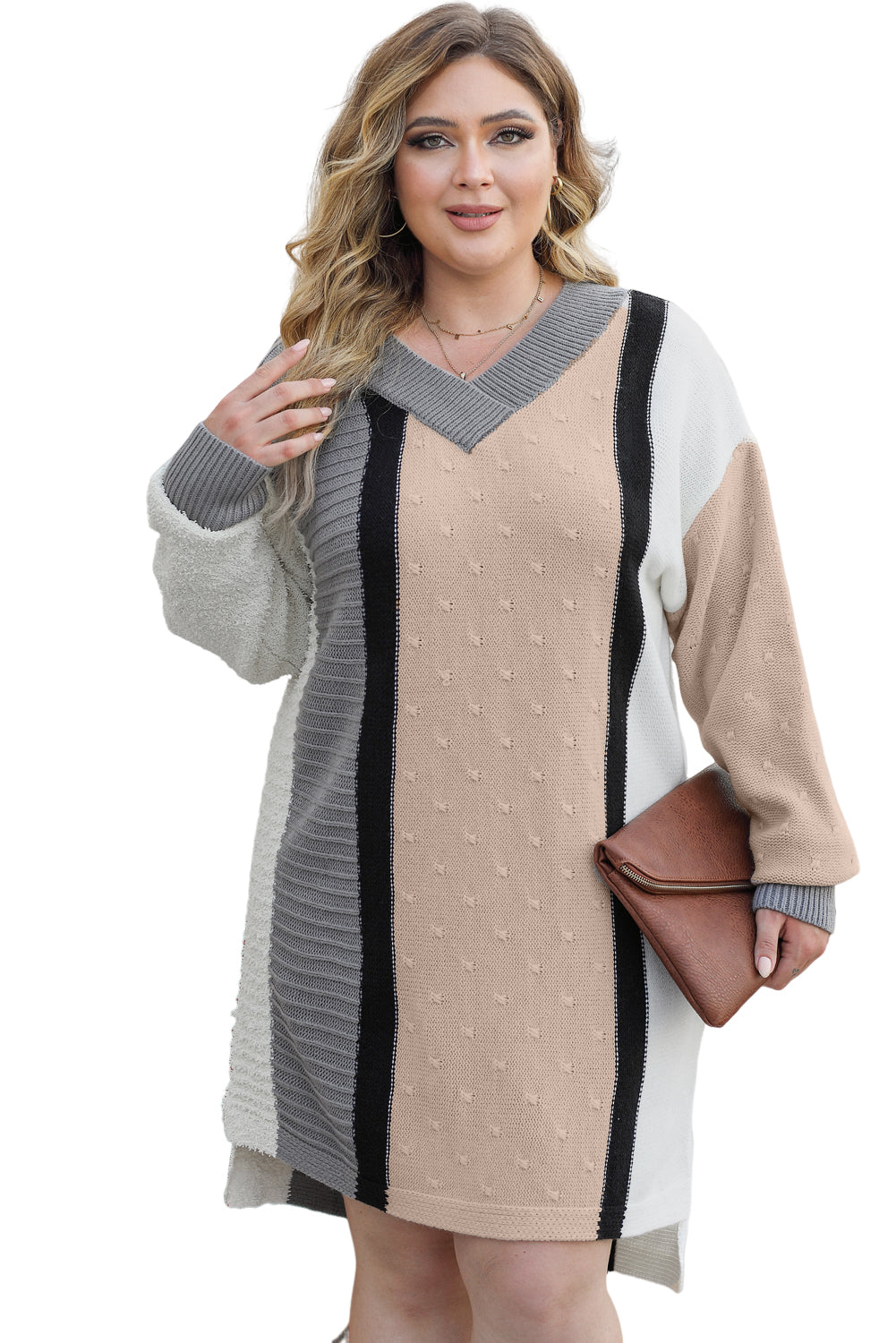 Chic apricot color block plus size sweater dress with boucl texture