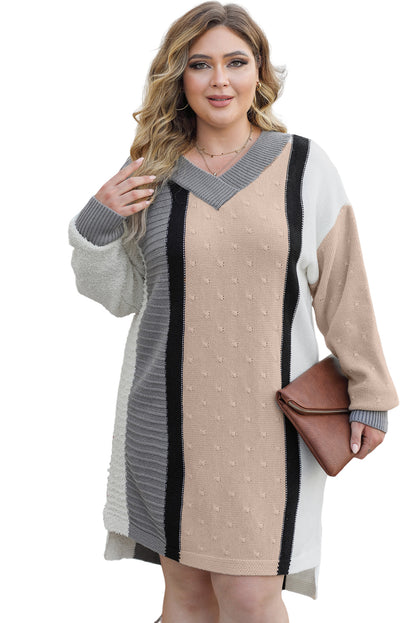 Chic apricot color block plus size sweater dress with boucl texture