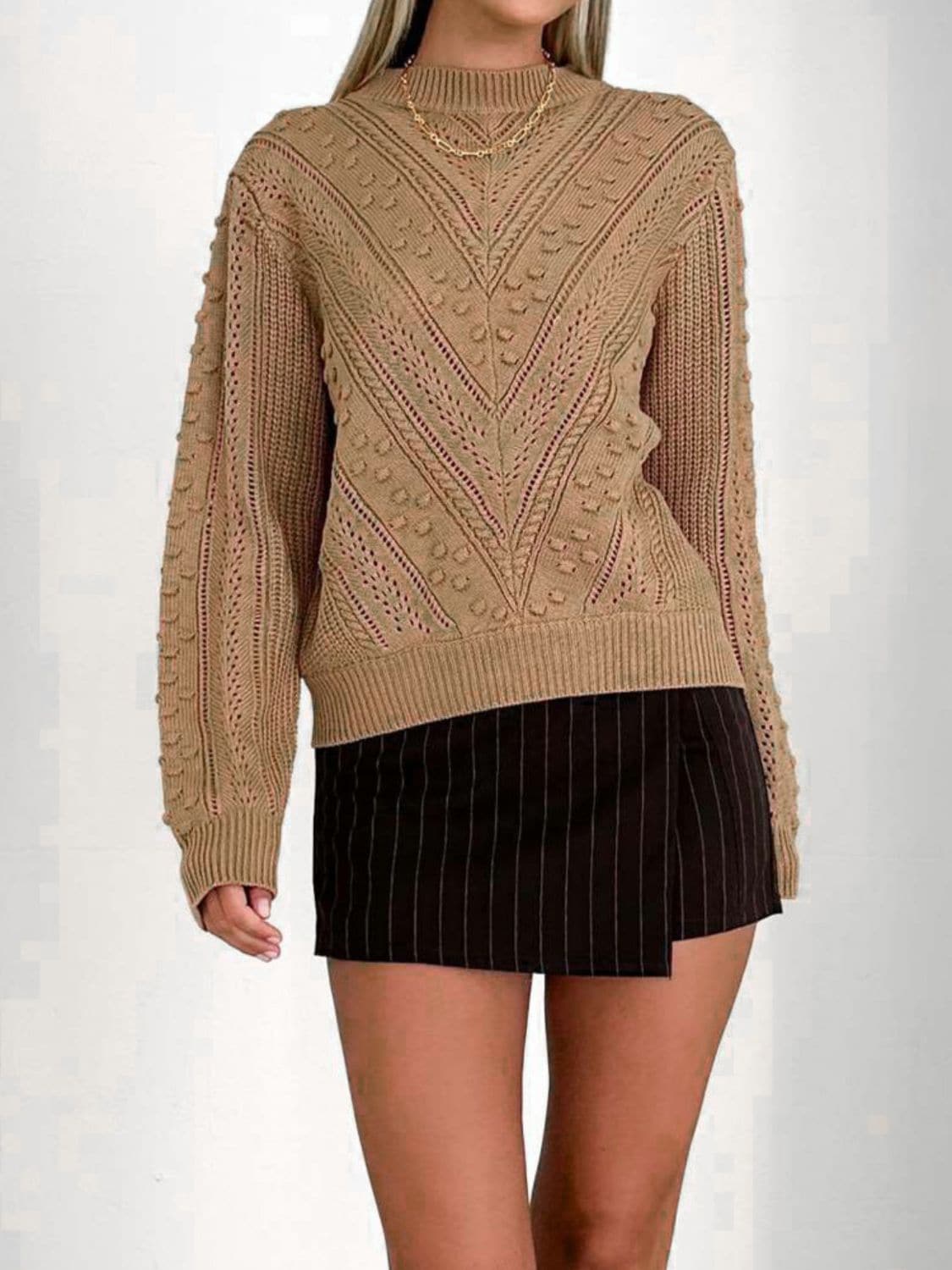 Openwork Round Neck Long Sleeve Sweater.