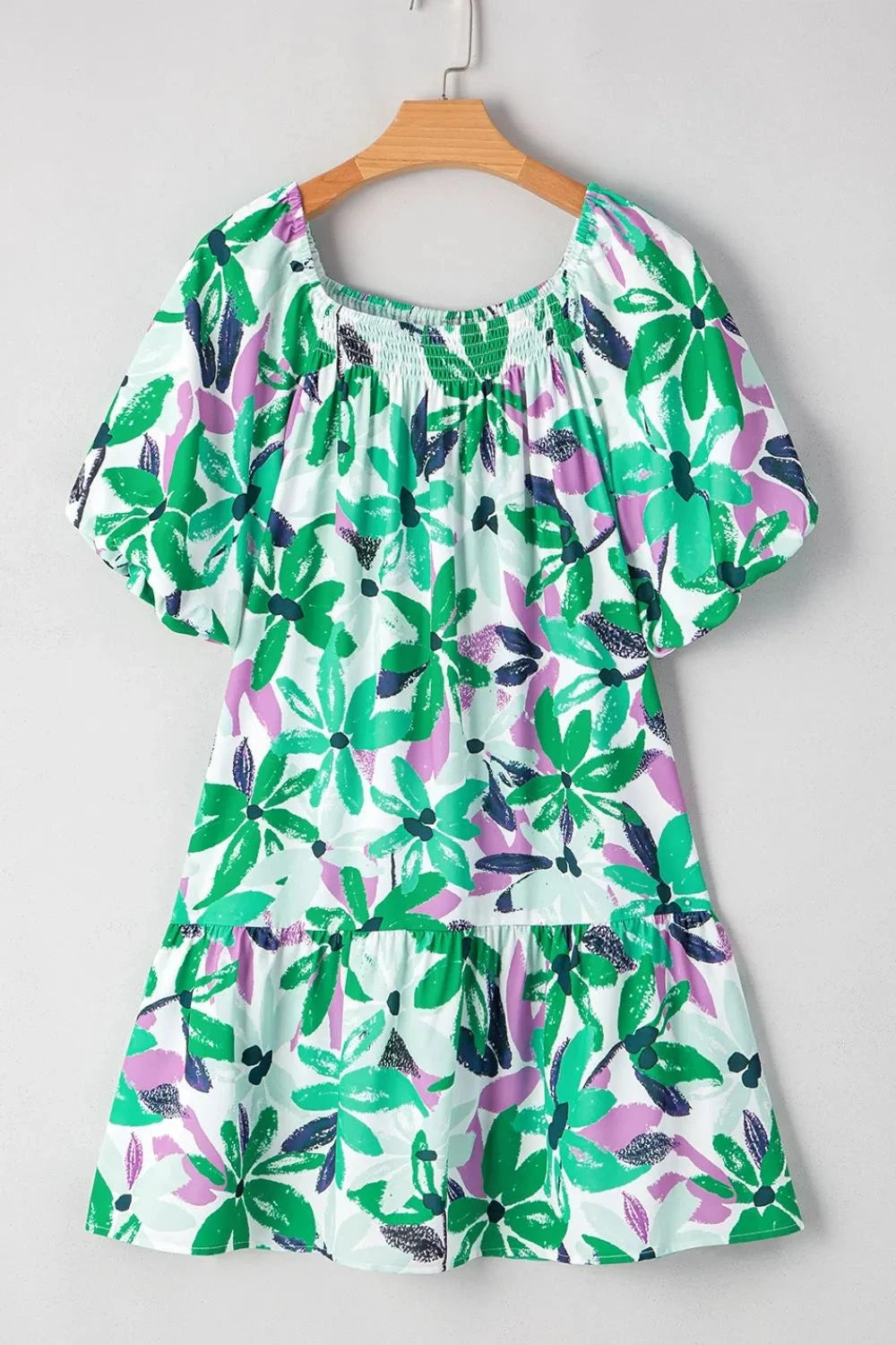 Floral Print Shirred Square Neck Loose Fit Mini Dress Simply Love