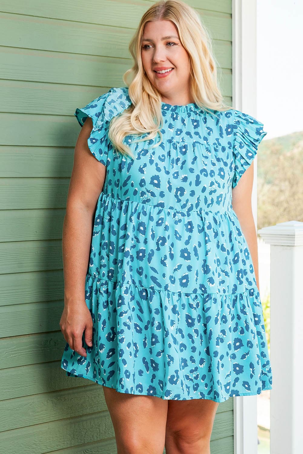 Plus Size Ruffled Leopard Cap Sleeve Mini Dress.