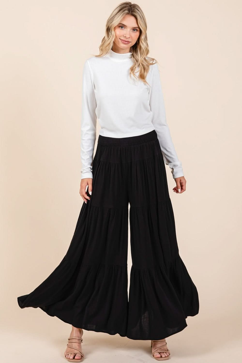 Tiered Smocked Wide Leg Crepe Pants with Elastic Waist and Side Pockets