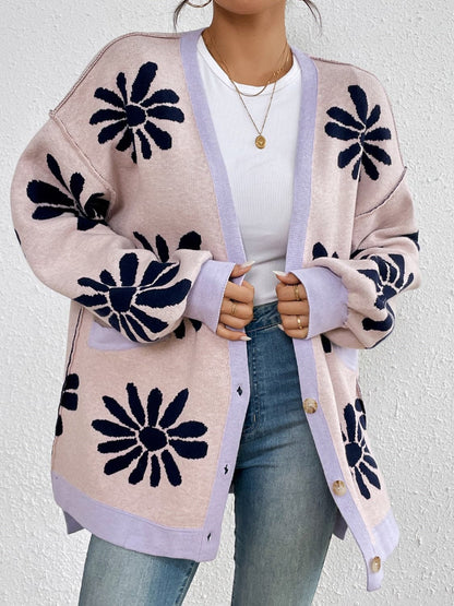 Contrast Dropped Shoulder Long Sleeve Cardigan.