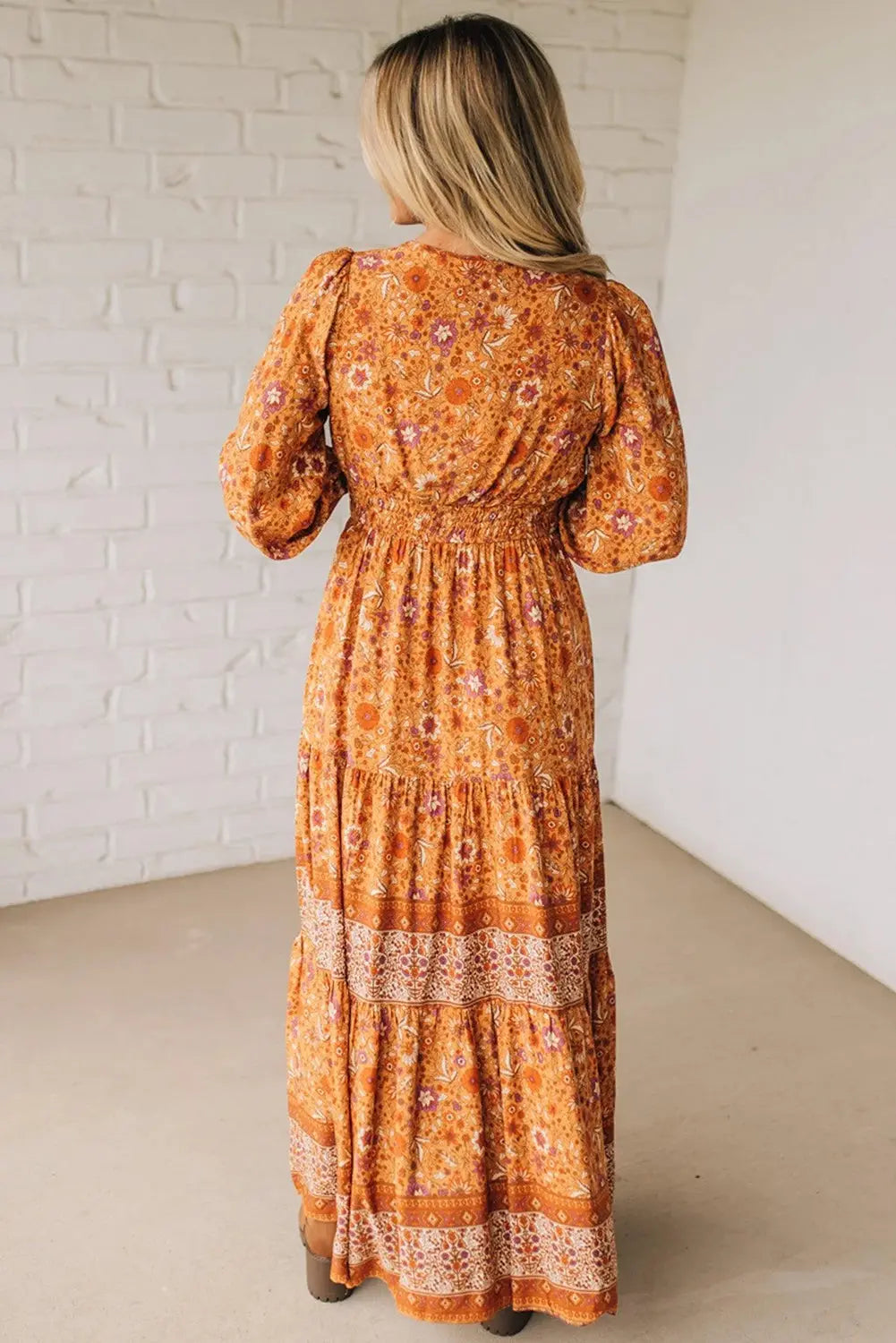 Orange Floral Print Smocked Waist Long Sleeve Boho Maxi Dress Dear-Lover Dropshipping