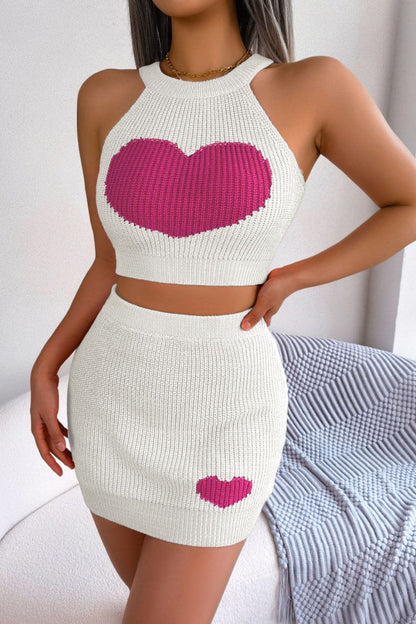 Heart Contrast Ribbed Sleeveless Knit Top and Skirt Set.