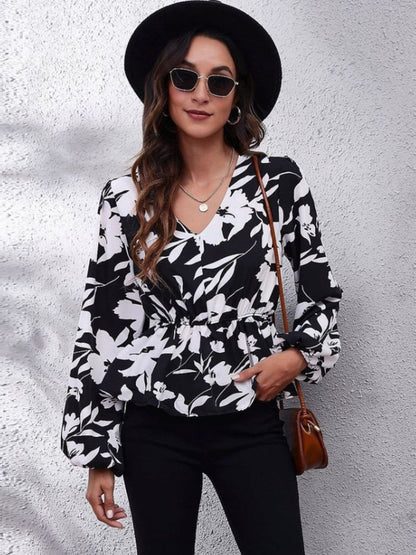 Printed V-Neck Long Sleeve Blouse.