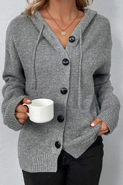 Drawstring Button Up Hooded Cardigan.