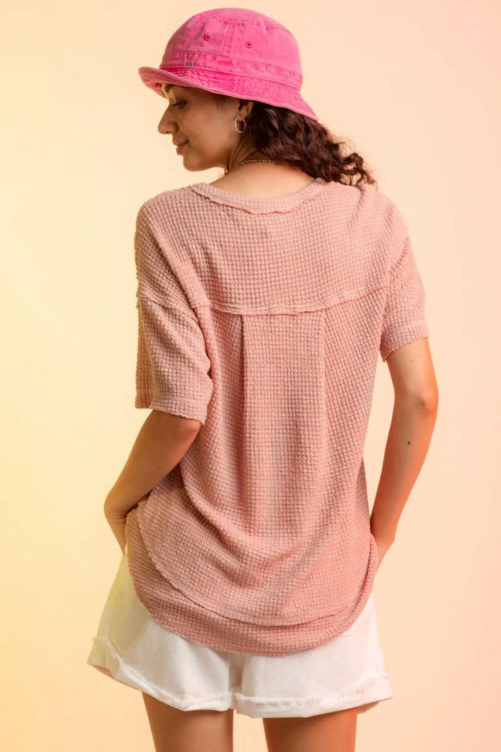 Waffle-Knit Notched Half Sleeve T-Shirt.