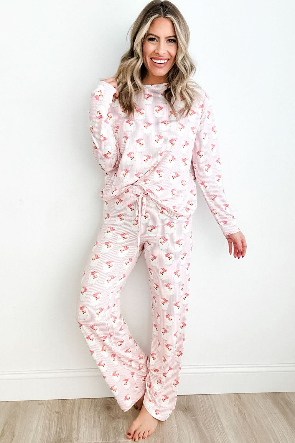 Festive Santa Patterned Long Sleeve Lounge Set with Pants