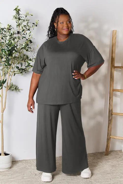 Double Take Full Size Round Neck Slit Top and Pants Set - Love Salve