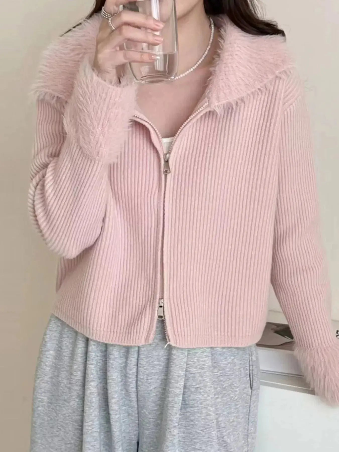 Fluffy Trim Zip-Up Cardigan Simply Love