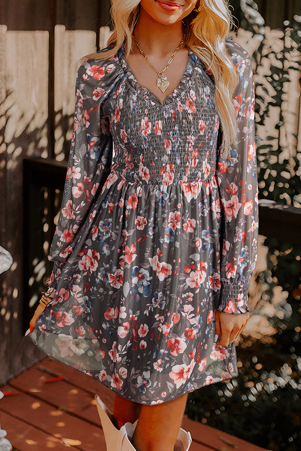 Brown Frilly Smocked Bodice Mesh Long Sleeve Mini Dress Dear-Lover Dropshipping