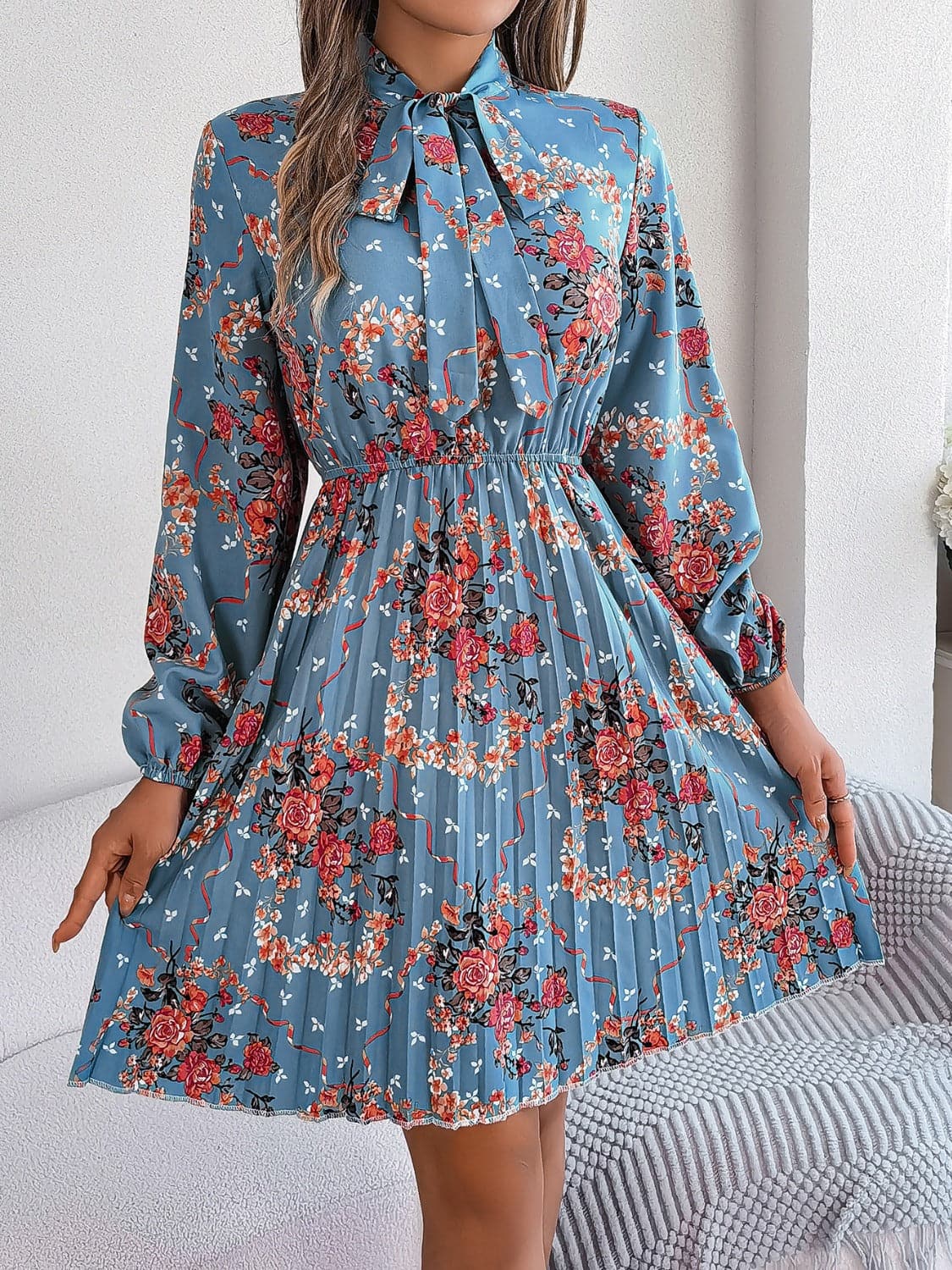 Pleated Printed Tie Neck Long Sleeve Dress.