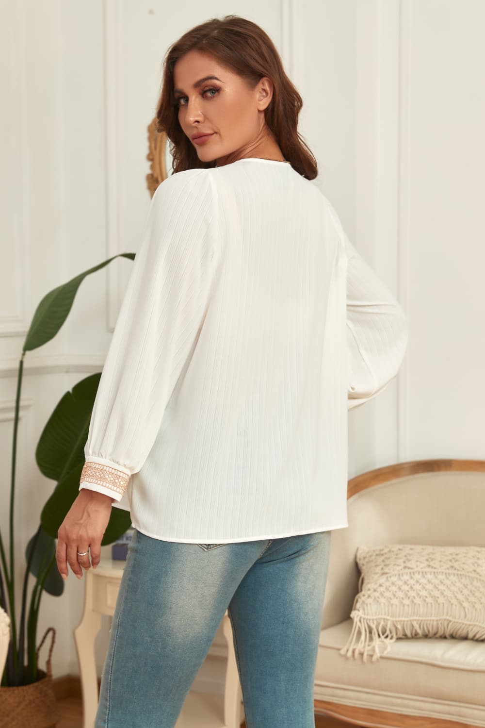 Melo Apparel Plus Size V-Neck Puff Sleeve Blouse.