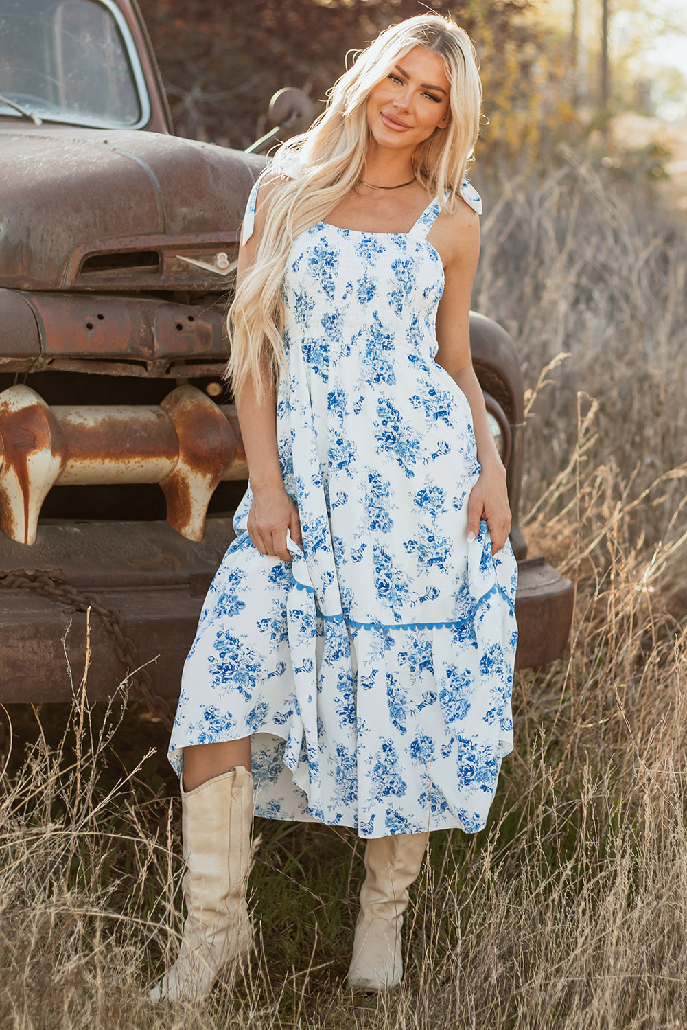 Sky Blue Floral Print Shirred Knot Shoulder Dress