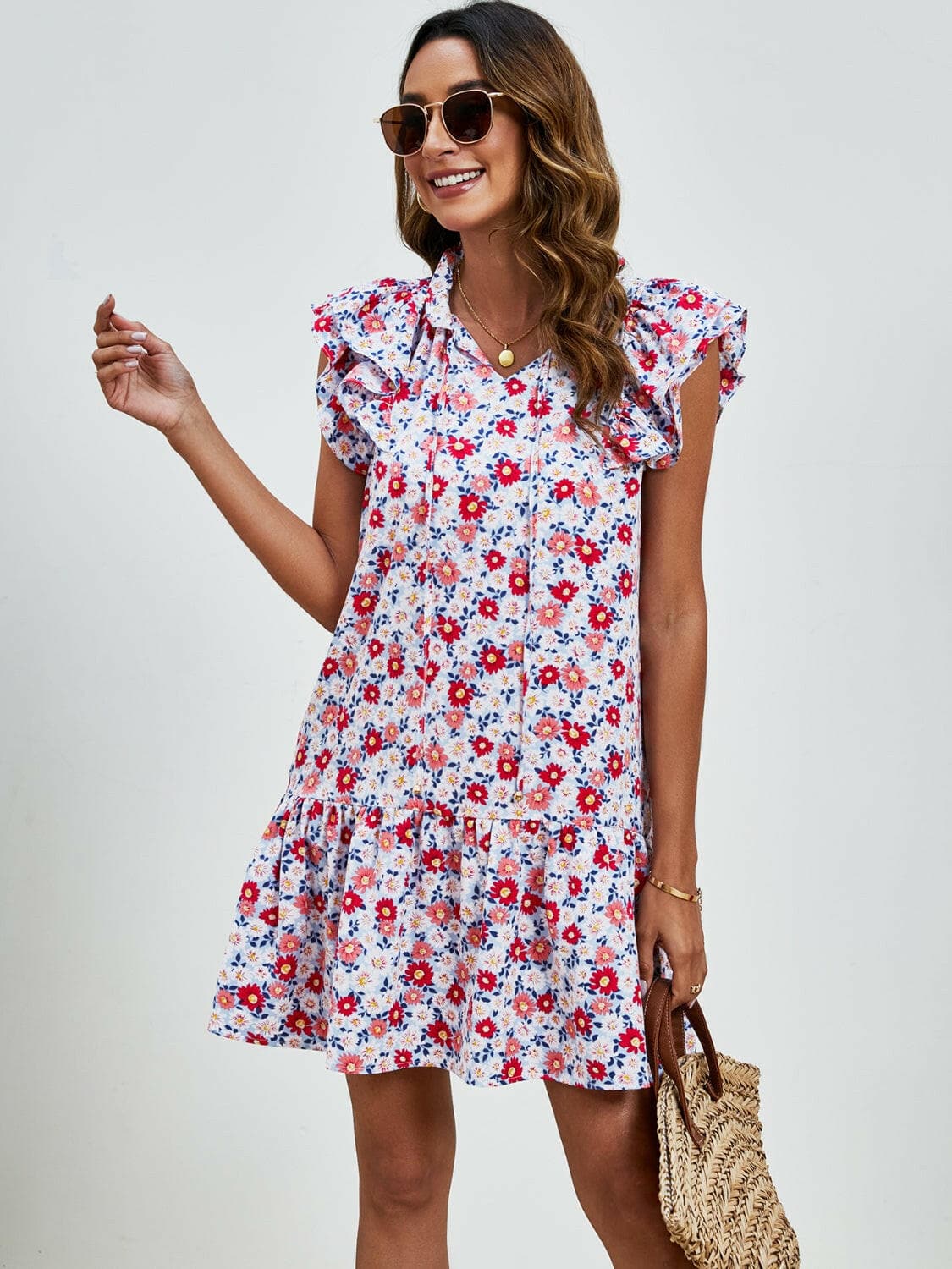 Tied Floral Cap Sleeve Mini Dress.