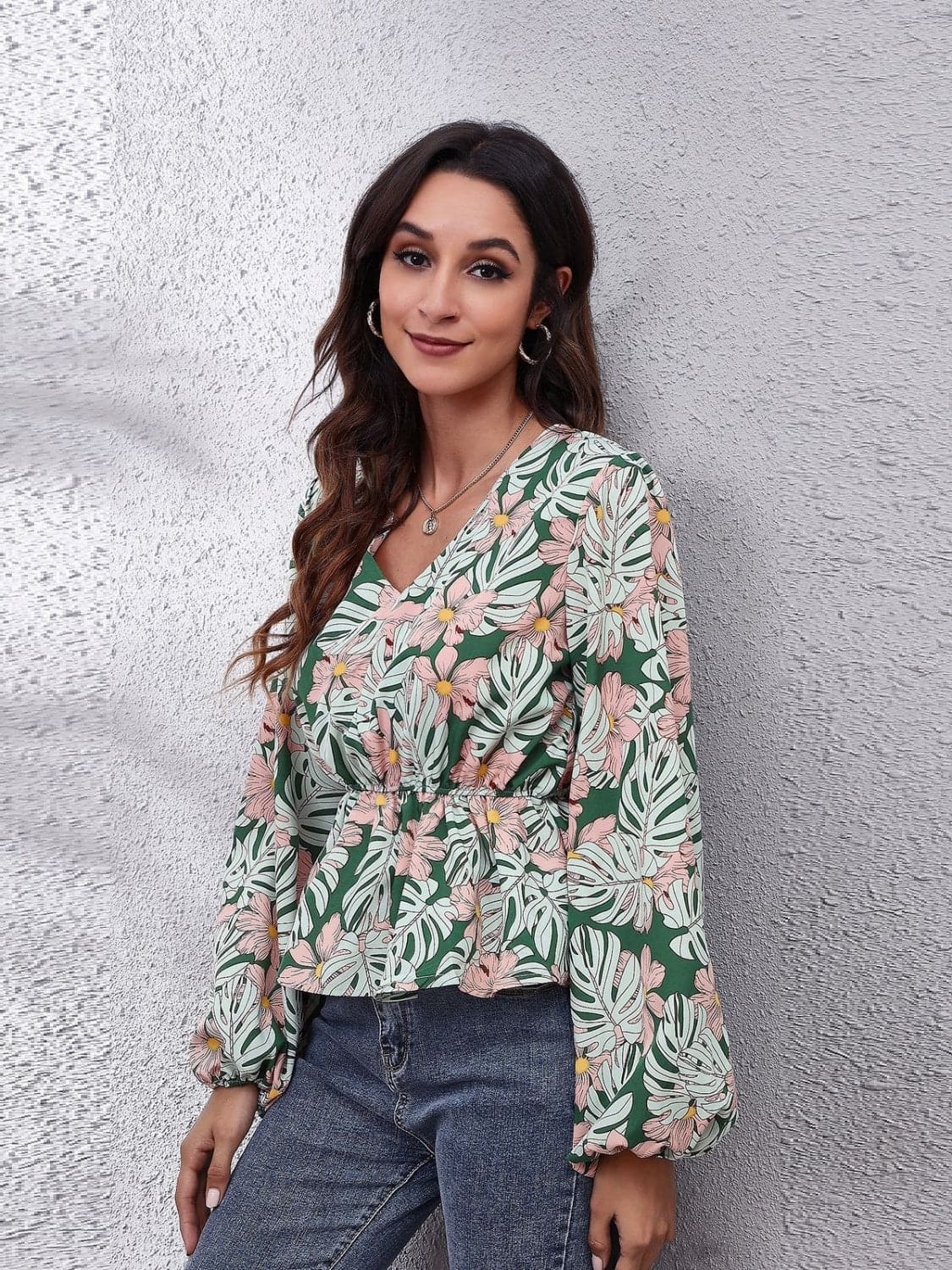 Ruched Printed V-Neck Long Sleeve Blouse.