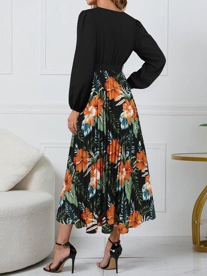 Pleated Printed Surplice Long Sleeve Dress.