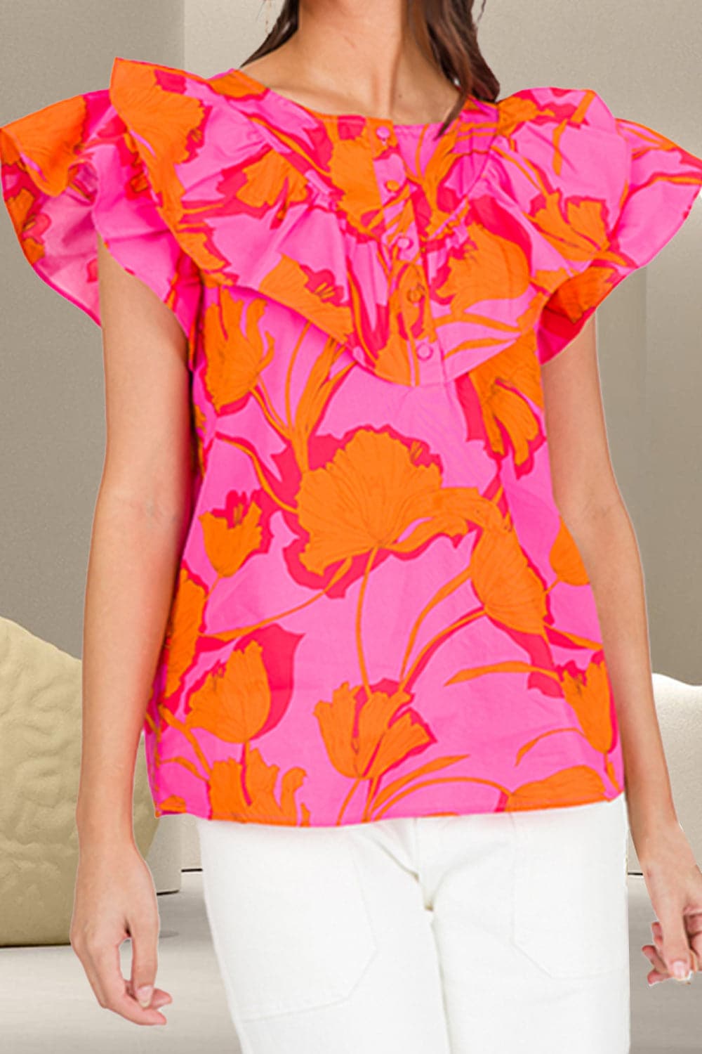 Ruffled Printed Round Neck Cap Sleeve Blouse.