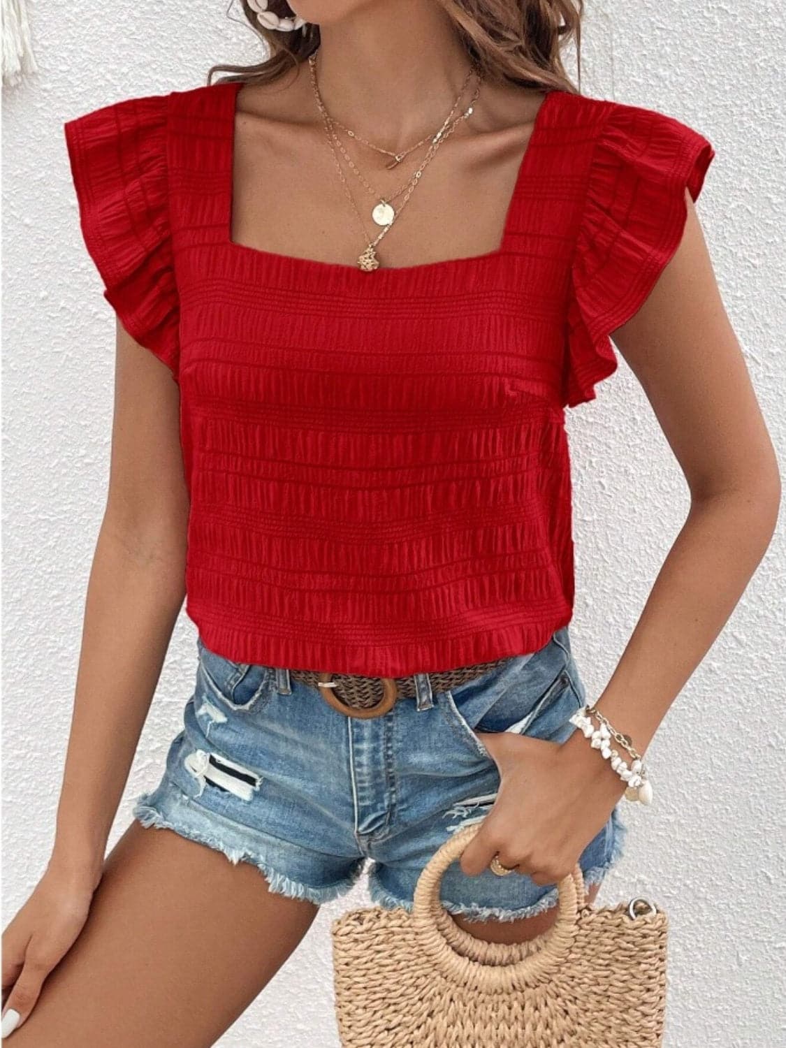 Ruffled Square Neck Cap Sleeve Blouse.