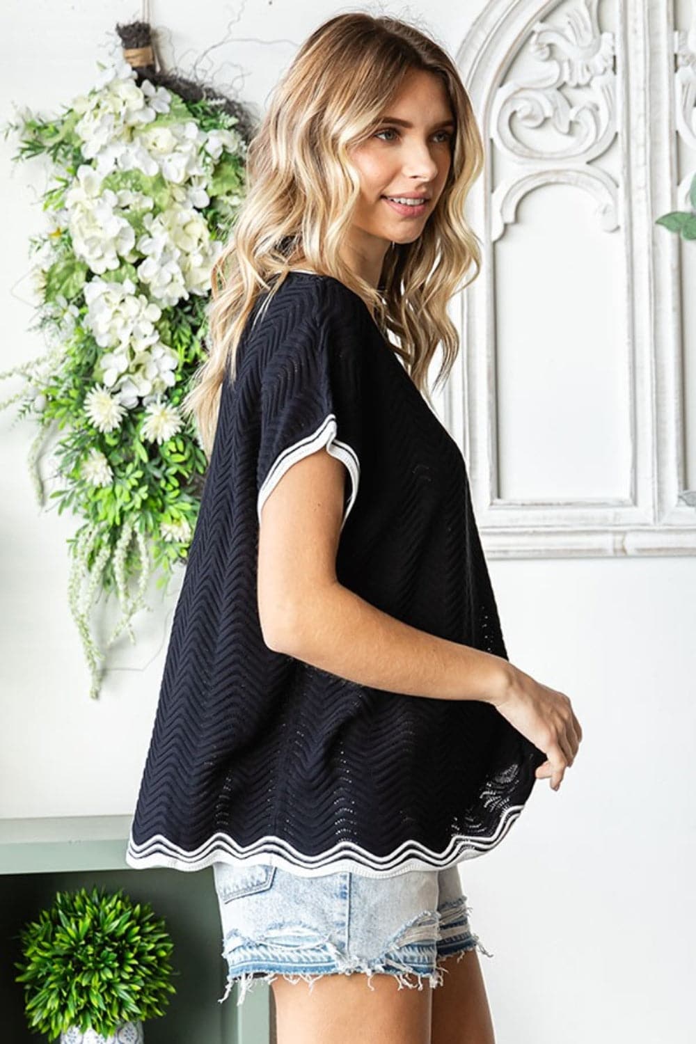 First Love Full Size Contrast Wavy Crochet Drop Shoulder Knit Top.