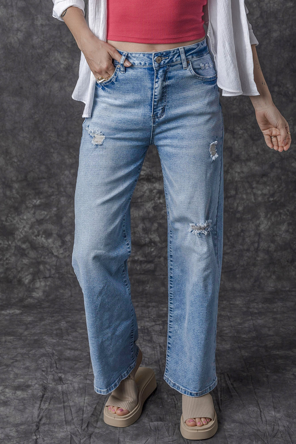 Chic light blue high rise distressed straight-leg denim