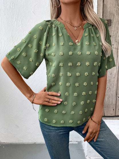 Swiss Dot Notched Half Sleeve Blouse.