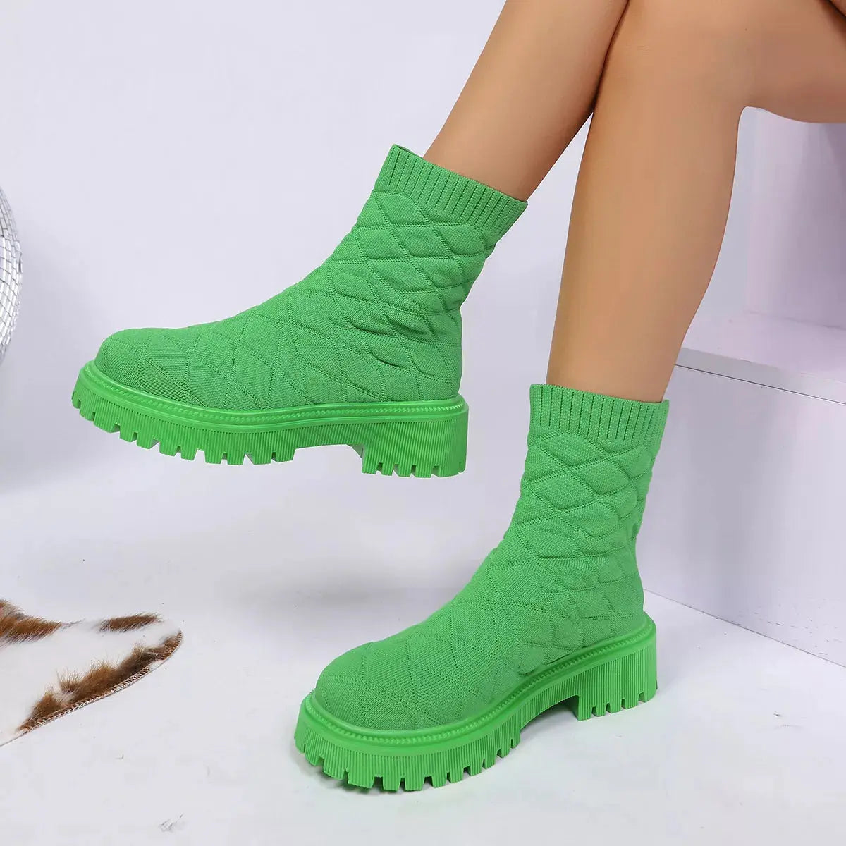 Black Knit Sock Boots With Round Toe And Low Heel Thick Lug Sole Simply Love