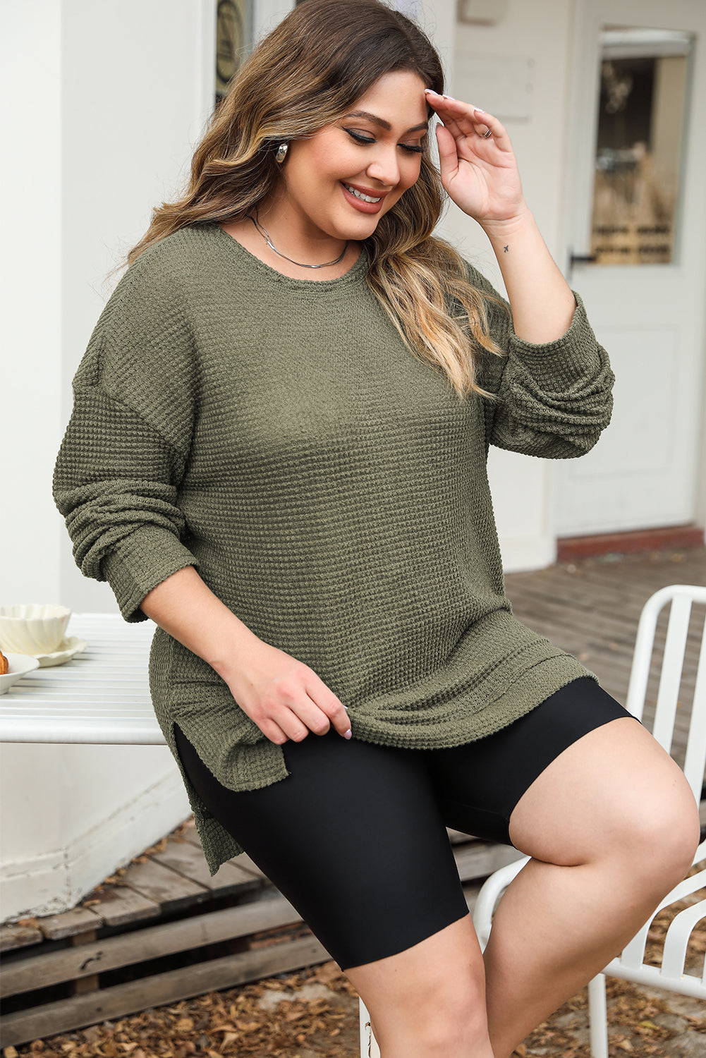 Chic moss green plus size textured knit top with long sleeves