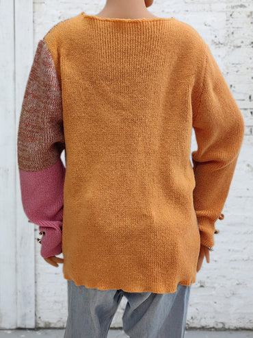 Color Block Decorative Button Long Sleeve Sweater.