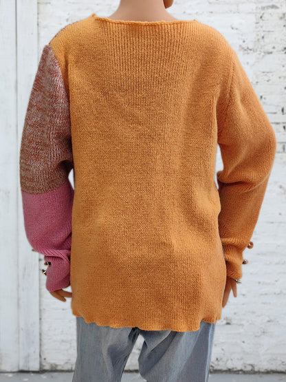 Color Block Decorative Button Long Sleeve Sweater.