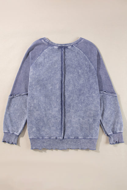 Sail Blue Solid Waffle Knit Patchwork Raglan Sleeve Sweatshirt