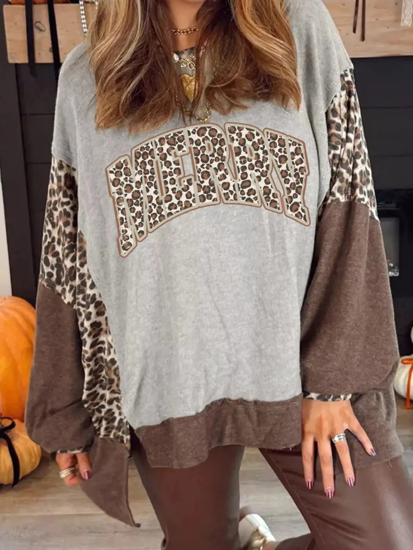 Color Block Leopard Contrast Letter Graphic Christmas Sweatshirt Simply Love