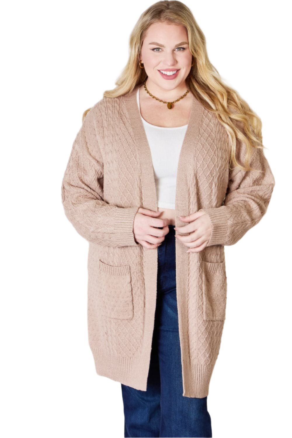 Hailey & Co Full Size Cable-Knit Pocketed Cardigan.