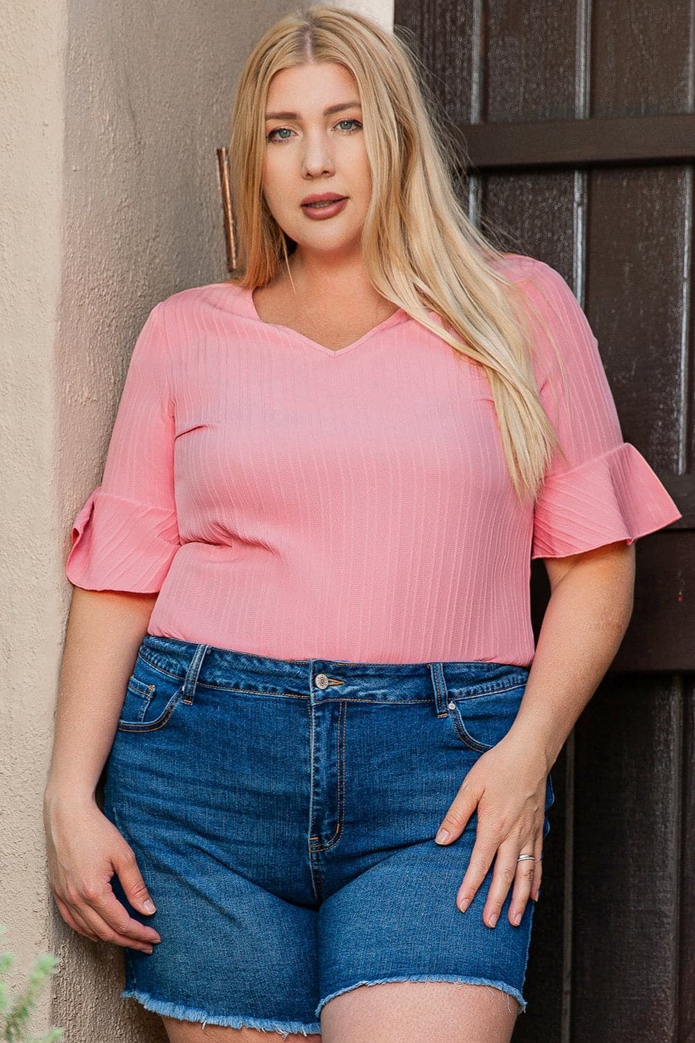 Plus Size V-Neck Half Sleeve Blouse.