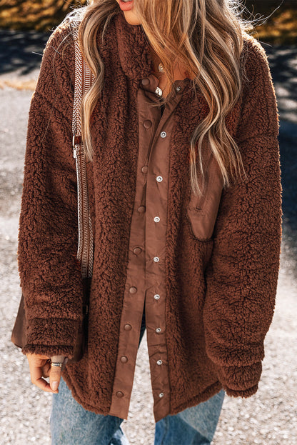 Cozy red clay teddy bear jacket with faux shearling charm