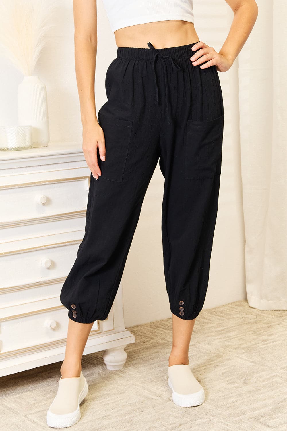 Decorative Button Cropped Pants.