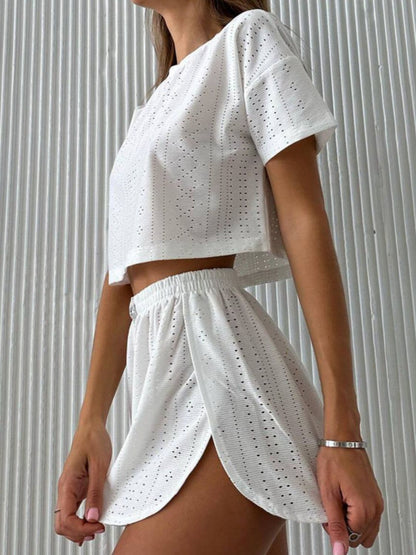 Eyelet Round Neck Top and Shorts Set.