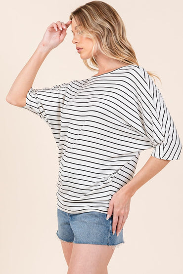 Elegant striped boat neck dolman sleeve top