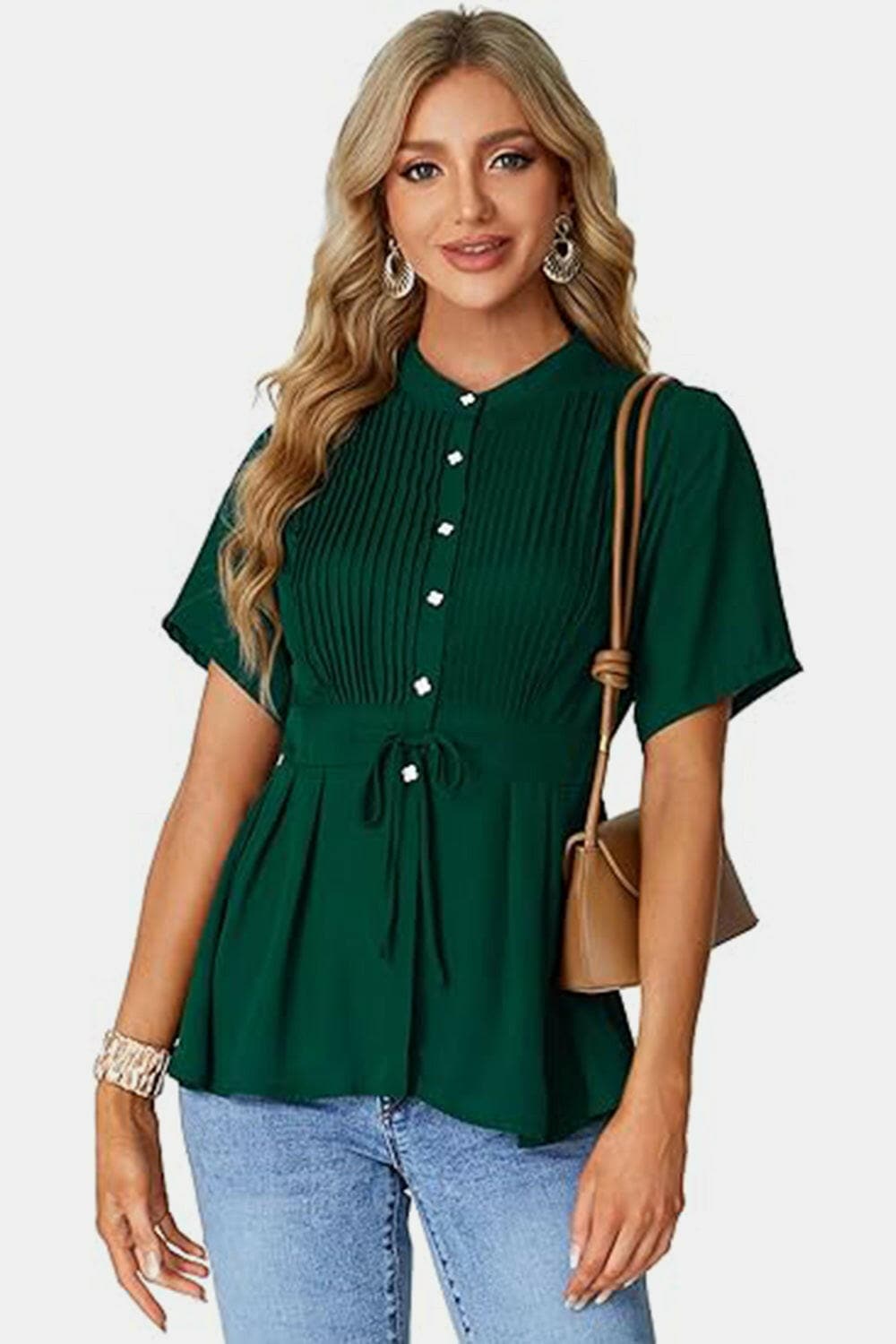 Tied Round Neck Short Sleeve Blouse.