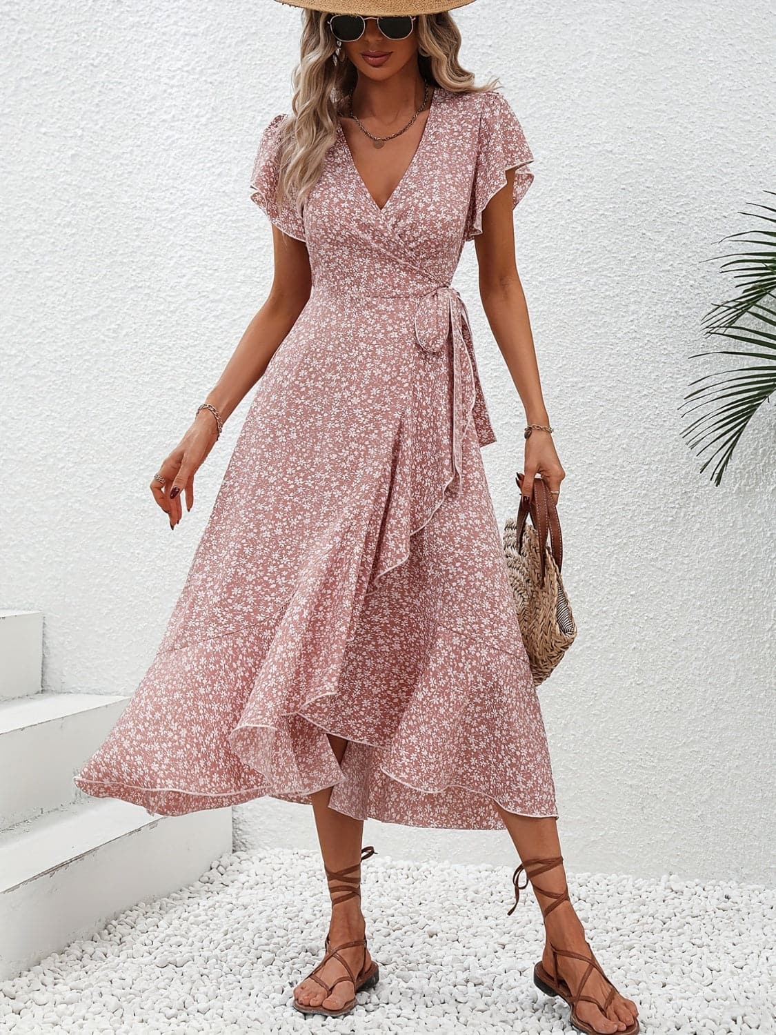 Printed Surplice Flutter Sleeve Midi Dress.