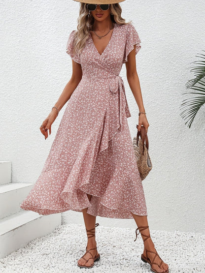 Printed Surplice Flutter Sleeve Midi Dress.