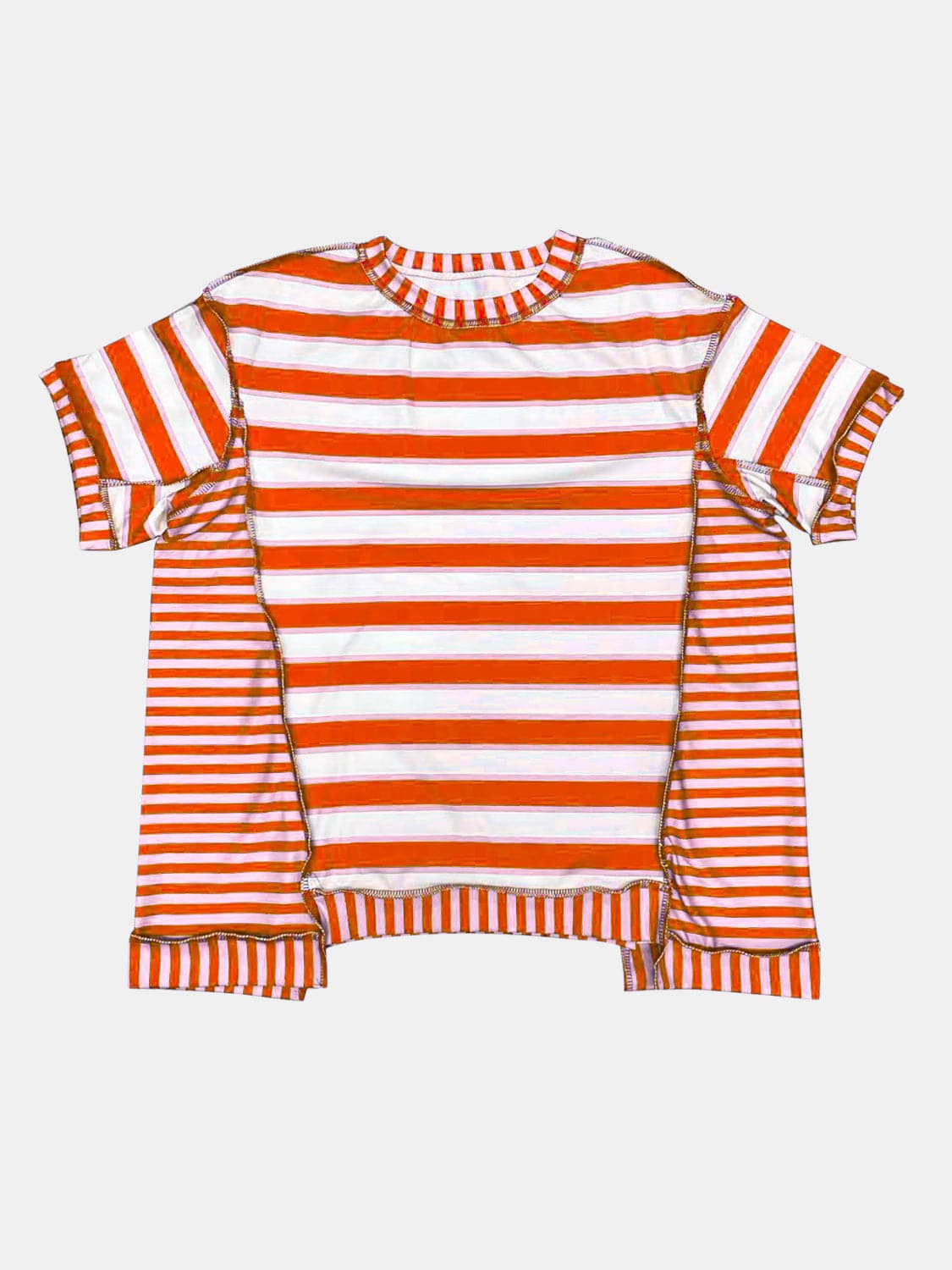 Full Size Contrast Stitching Striped Round Neck T-Shirt.