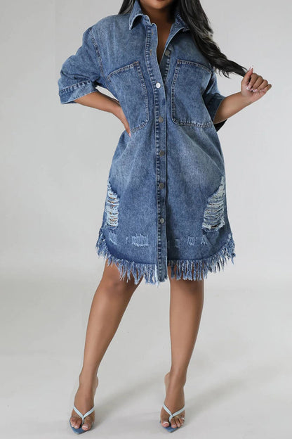 Distressed Raw Hem Button Up Denim Dress.