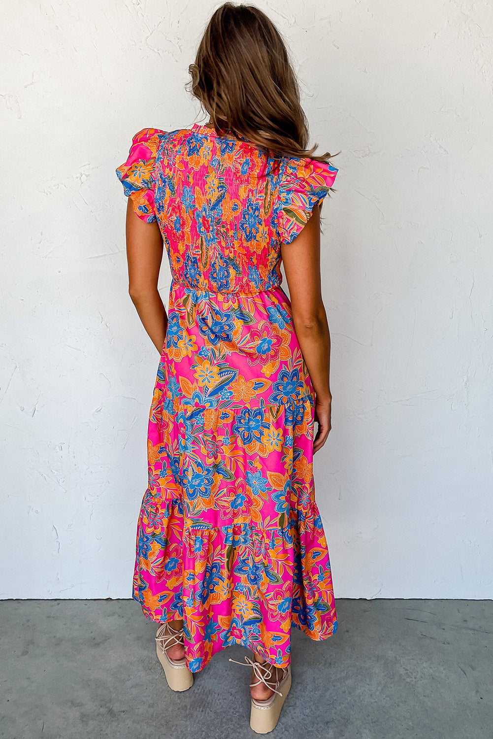 Flirty rose red floral tiered dress with ruffled sleeves