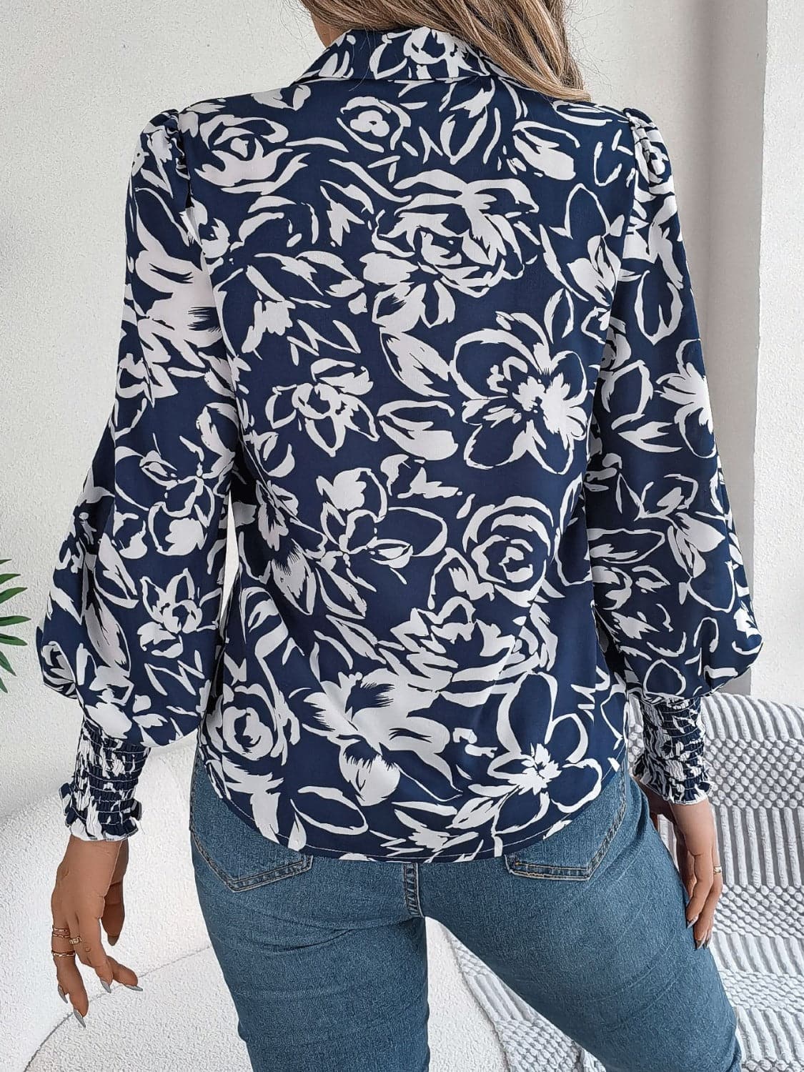 Printed Collared Neck Lantern Sleeve Shirt.