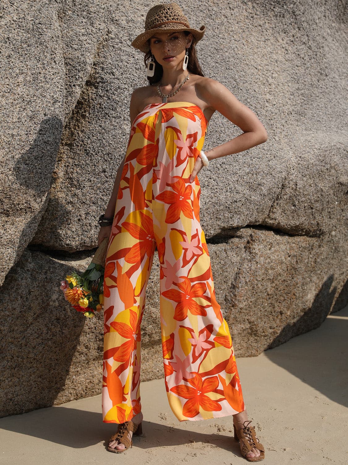 Tied Printed Tube Wide Leg Jumpsuit.