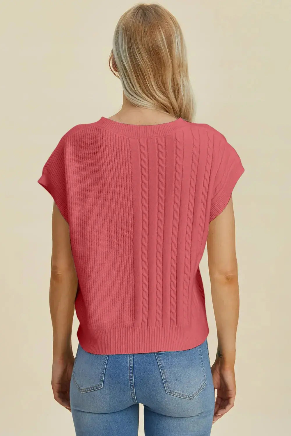 Double Take Full Size Cable-Knit Round Neck Short Sleeve Sweater - Love Salve